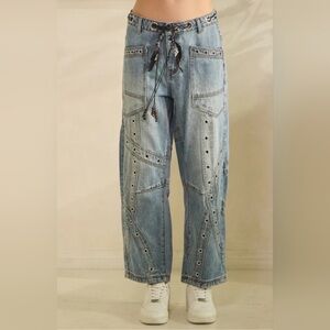 High-Rise Eyelet Detail Women’s Jeans in Blue